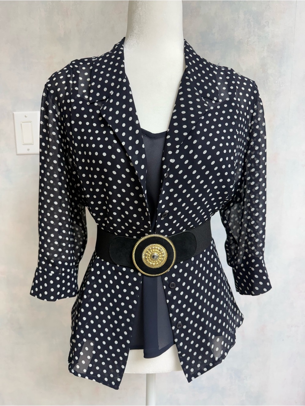 NWOT Jones Wear 2 pc Polka Dot Black & White Sheer Top over a Black Sheer Cami
